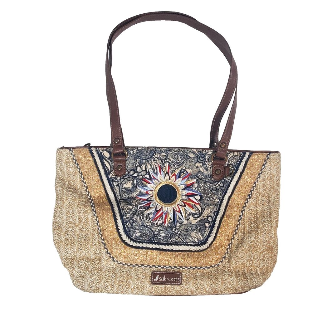 Sakroots Straw Tote Bag Medium Blue Brown Embroidered Bag Bohemian "Meadow"
